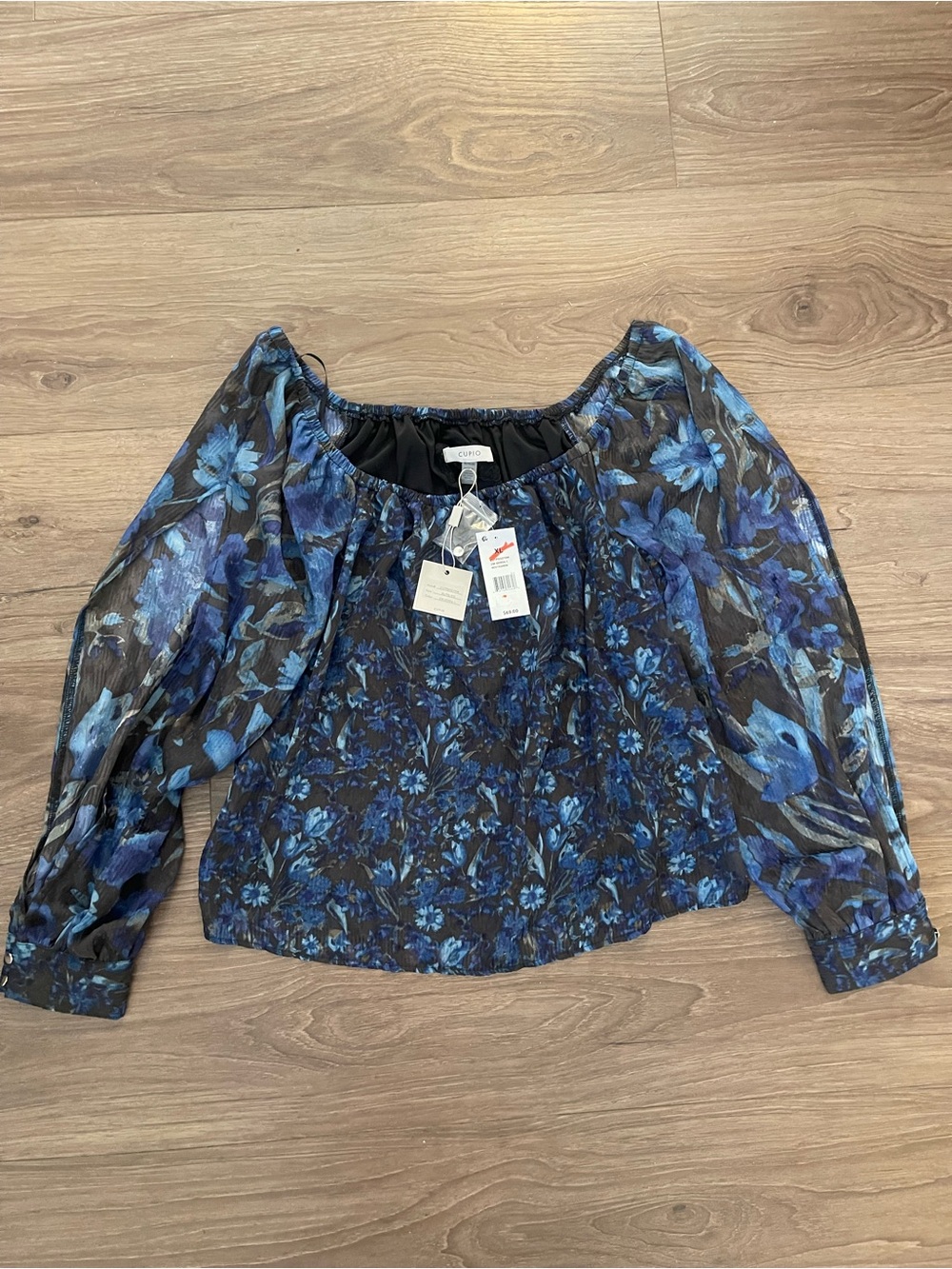 Cupio Blue Floral Off-Shoulder Sheer Blouse